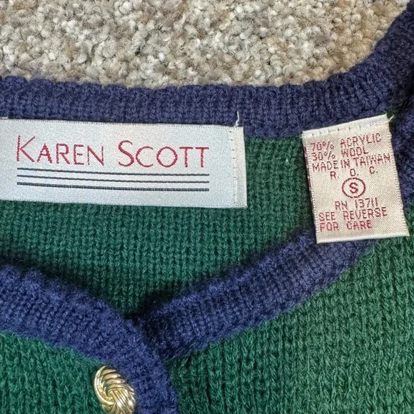 Karen Scott Forest Green Cardigan with Navy Trim - Picture 3 of 3